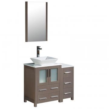 Fresca Torino 36" W Vanity in Grey Oak with Side Cabinet and Vessel Sink