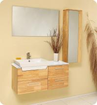 Fresca Caro 35 1/2" W Vanity in Natural Wood Finish with Mirrored Side Cabinet