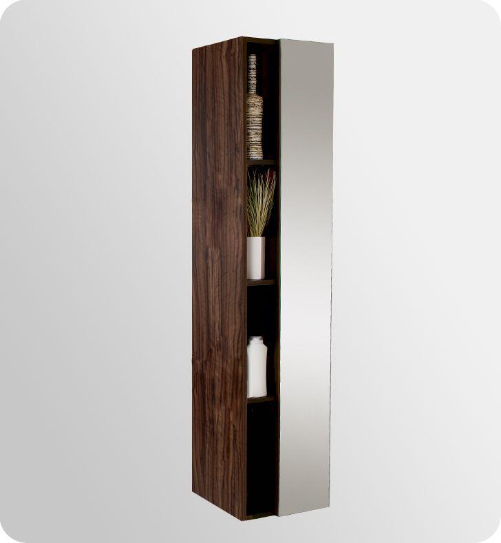 Fresca Walnut Bathroom Linen Side Cabinet With 4 Cubby Holes And Mirror