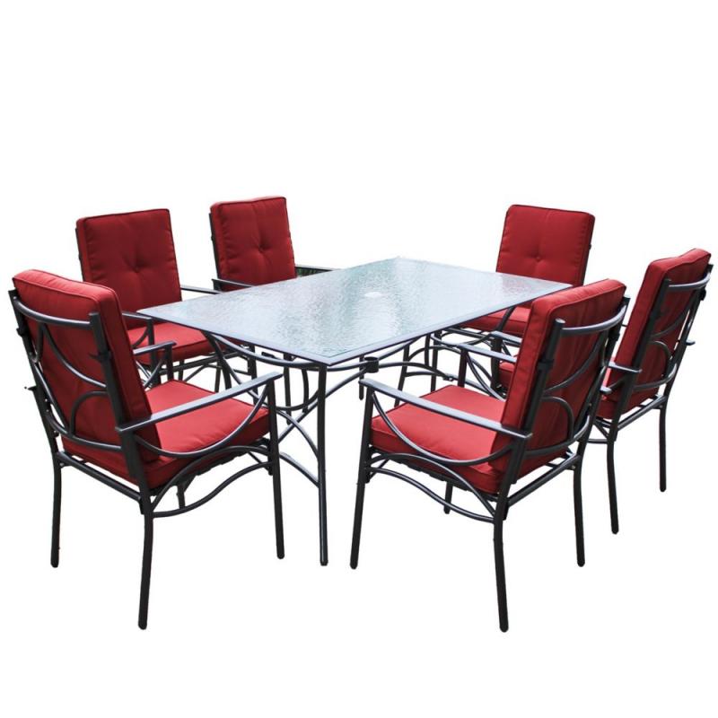 Corliving PZT-854-S 7-Piece Charcoal Black and Red Patio Dining Set