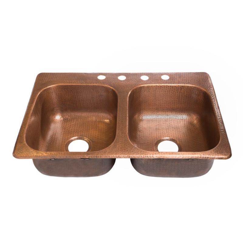 Sinkology Raphael Drop-In Handmade Pure Copper 33" 4-Hole Double Bowl Copper Sink in Antique Copper