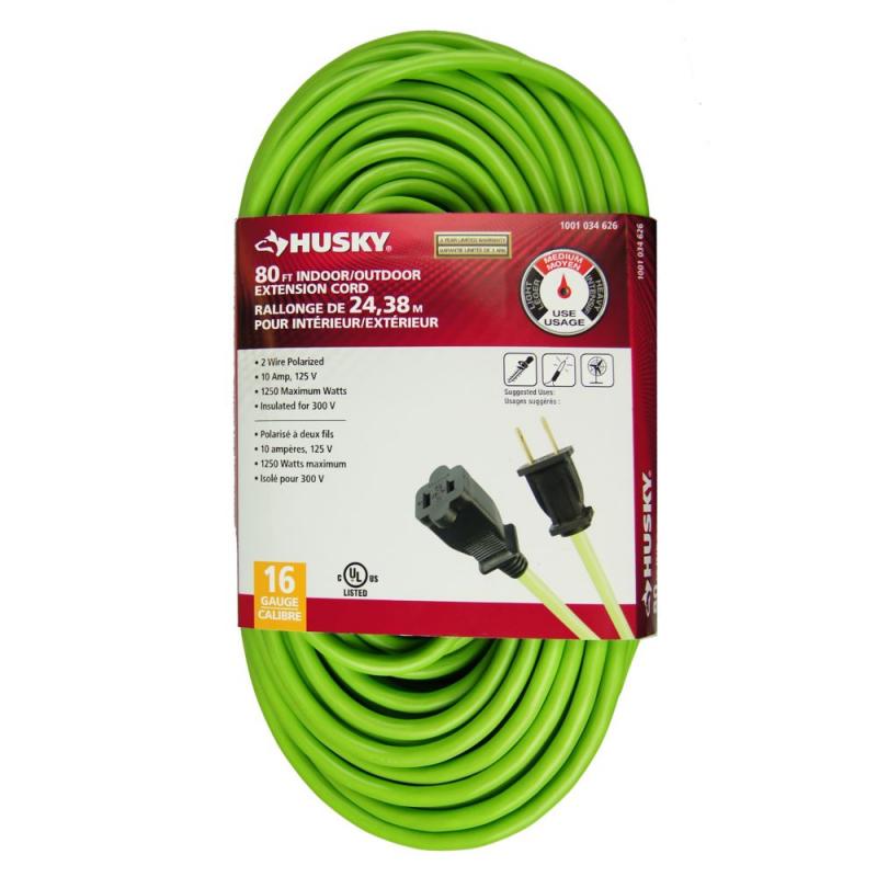 Husky 80 Feet Indoor/Outdoor Neon Green Extension Cord