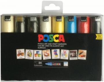 uni-ball Broad Chisel Tip Posca PC-8K Marker Pens - Pack of 8 Assorted Colours