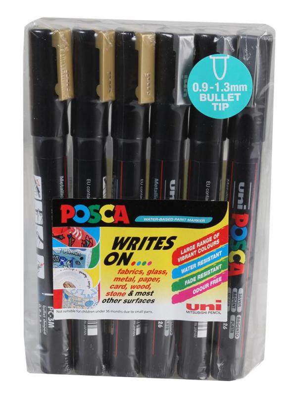 uni-ball Fine Bullet Tip Posca PC-3M Marker Pens - Pack of 6 (3x Gold and 3x Silver)