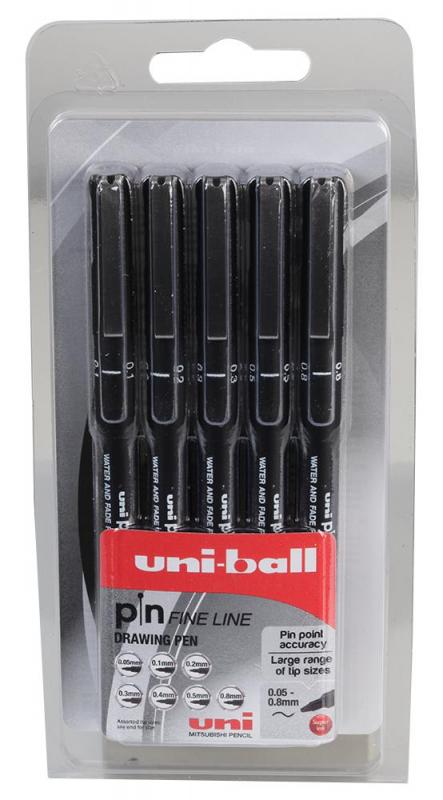 uni-ball Pin Fine Line Drawing Pens - Pack of 5 Assorted Sizes (0.1mm to 0.8mm)