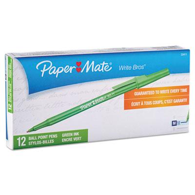 Paper Mate Write Bros. Stick Ballpoint Pen, Medium 1mm, Green Ink/Barrel, Dozen
