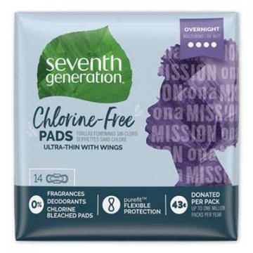 Seventh Generation Chlorine-Free Ultra Thin Pads with Wings, Overnight, 14/Pack, 6 Packs/Carton