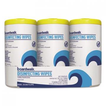 Boardwalk Disinfecting Wipes, 8 x 7, Lemon Scent, 75/Canister, 3 Canisters/Pack, 4/Pks/Ct