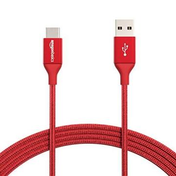 Amazon Basics Double Braided Nylon USB Type-C to Type-A 2.0 Male Cable, 10 Feet (3 m) - Red