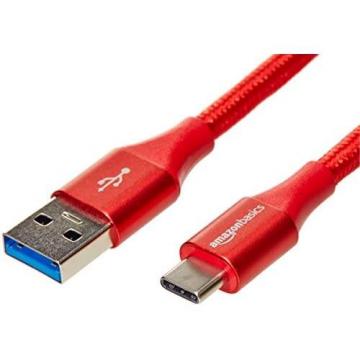 Amazon Basics Double Braided Nylon USB Type-C to Type-A 3.1 Gen 2 Cable, 3 Feet (0.9 m) - Red