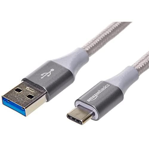 Amazon Basics Double Braided Nylon USB Type-C to Type-A 3.1 Gen 2 Cable, 3 Feet (0.9 m) - Silver