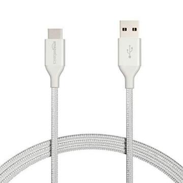 Amazon Basics Double Braided Nylon USB Type-C to Type-A 2.0 Male Cable, 6 feet, Silver