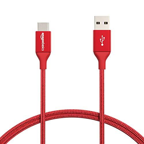 Amazon Basics Double Braided Nylon USB Type-C to Type-A 2.0 Male Cable, 3 feet, Red