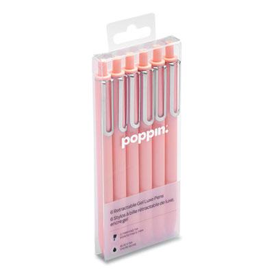 Poppin Luxe Gel Pen, Retractable, Fine 0.7 mm, Black Ink, Blush Barrel, 6/Pack