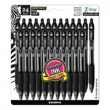 Zebra Z-Grip Retractable Ballpoint Pen, Medium 1mm, Black Ink, Clear Barrel, 24/Pack
