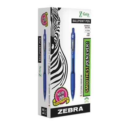 Zebra Z-Grip Retractable Ballpoint Pen, Medium 1mm, Blue Ink, Clear Barrel, Dozen
