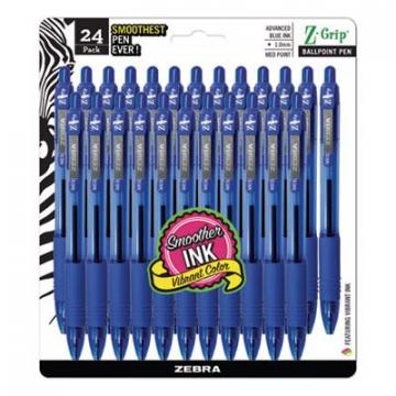 Zebra Z-Grip Retractable Ballpoint Pen, Medium 1mm, Blue Ink, Clear Barrel, 24/Pack
