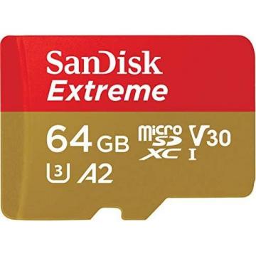 SanDisk 64GB Extreme microSDXC, U3, C10, V30, UHS 1, 160MB/s R, 60MB/s W, A2 Card, for 4K Video Rec