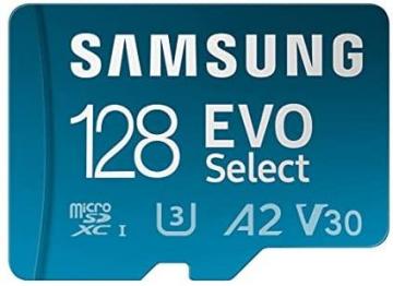 Samsung EVO Select Micro SD Memory Card + Adapter, 128GB microSDXC U3, A2, V30