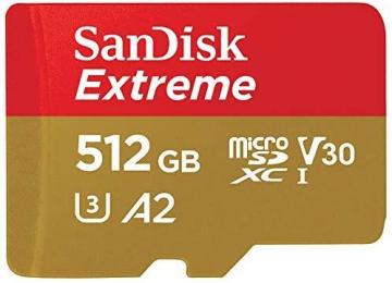 SanDisk 512GB Extreme microSDXC UHS-I Memory Card with Adapter C10, U3, V30, 4K, A2