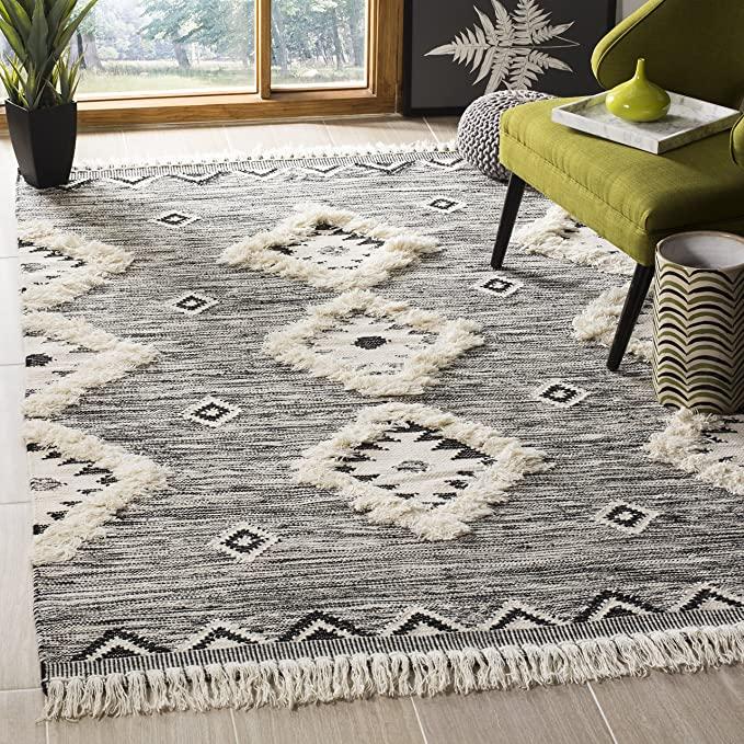 Safavieh Kenya Collection KNY906H Hand-Knotted Moroccan Tribal Tassel Area Rug, Black Ivory