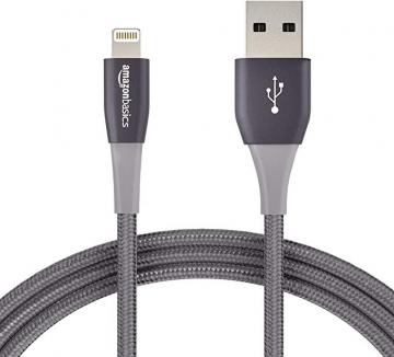 Amazon Basics Double Nylon Braided USB A Cable with Lightning Connector, 6 Feet (1.8m), Dark Grey