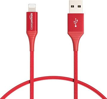 Amazon Basics Double Braided Nylon Lightning to USB A Cable - Advanced Collection, Red, 0.3m