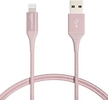 Amazon Basics Double Braided Nylon Lightning to USB A Cable - Advanced Collection, Rose Gold, 0.9m