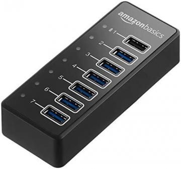 Amazon Basics USB-C 3.1 7-Port Hub with Power Adapter - 36W Powered (12V/3A), Black
