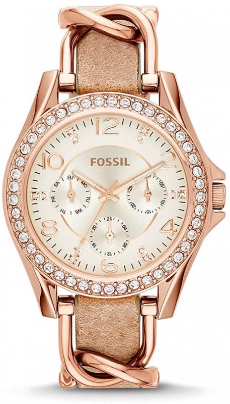 Fossil Womens Watch Riley, 38mm case size, Quartz Multifunction movement, Stainless Steel strap