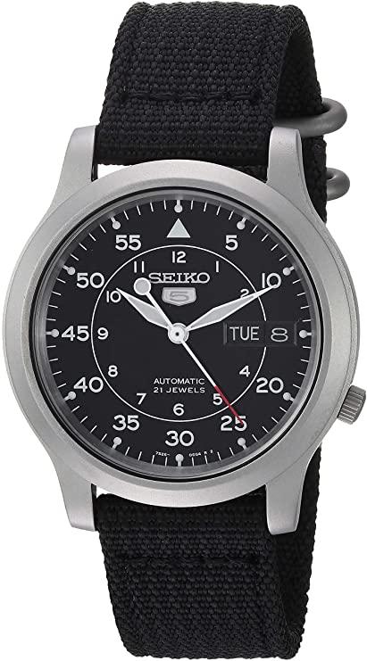 Seiko 5 Men's Automatic Watch with Black Dial Analogue Display and Black Fabric Strap SNK809K2