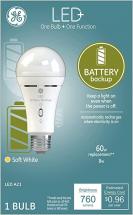 GE LED+ Rechargeable Backup Battery A21 LED Light Bulb, 60-Watt Replacement, Soft White, Medium Base