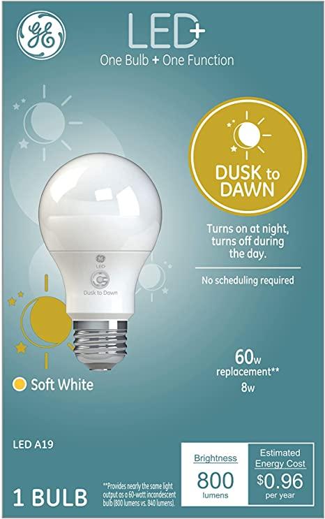 GE LED+ Dusk to Dawn Outdoor Security A19 LED Light Bulb, Soft White, Medium Base, 1-Pack