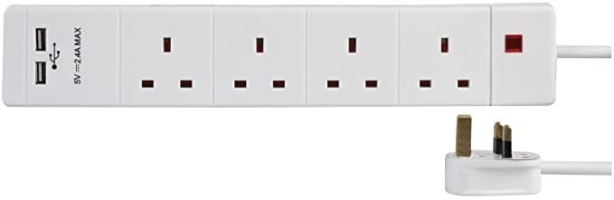 PRO ELEC 5 m 4 Gang Extension Lead with 2 x 2.4 V USB Charging Sockets – White
