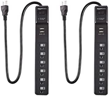 Amazon Basics 6-Outlet Surge Protector Power Strip, 2 USB Ports, 2 Ft Cord - 500 Joule, Black, 2pk