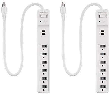 Amazon Basics 6-Outlet Surge Protector Power Strip, 2 USB Ports, 2 Ft Cord - 500 Joule, White, 2pk
