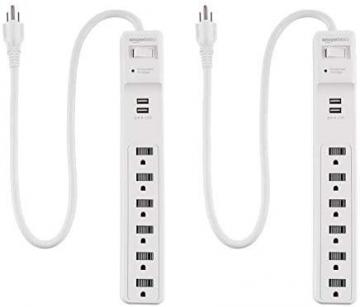 Amazon Basics 6-Outlet Surge Protector Power Strip, 2 USB Ports, 2 Ft Cord - 500 Joule, White, 2pk