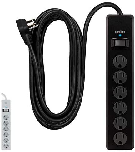 GE 6-Outlet Surge Protector, 20 Ft Extension Cord, Power Strip, 800 Joules, Flat Plug