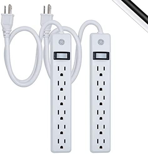 GE 6-Outlet Power Strip, 2 Pack, 2 Ft Extension Cord, Heavy Duty Plug