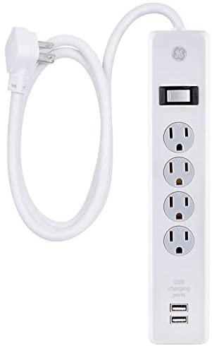 GE 4-Outlet Surge Protector, 2 USB Ports, 6 Ft Power Cord, 450 Joules, Flat Plug