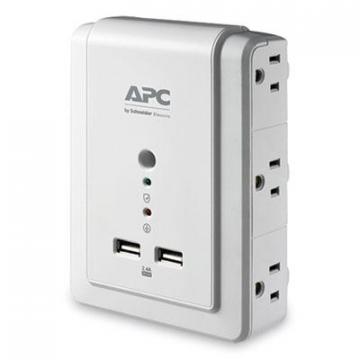 APC SurgeArrest Wall-Mount Surge Protector, 6 AC Outlets, 2 USB Ports, 1020 J, White