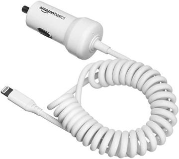 Amazon Basics Coiled Cable Lightning Car Charger, 1.5 Foot, White