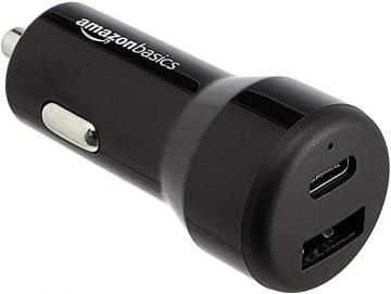 Amazon Basics USB-C Car Charger with 15W USB-C Port and 12W USB-A Port