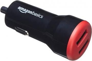 Amazon Basics Dual-Port USB Car Charger Adapter, 4.8 Amp, 24W, Black and Red