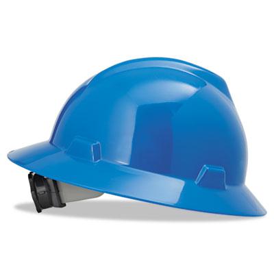MSA V-Gard Full-Brim Hard Hats, Ratchet Suspension, Size 6 1/2 - 8, Blue