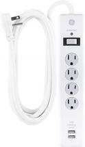 GE Surge Protector, 4 Outlets 2 USB Ports, Extra Long 8ft. Power Cord, White
