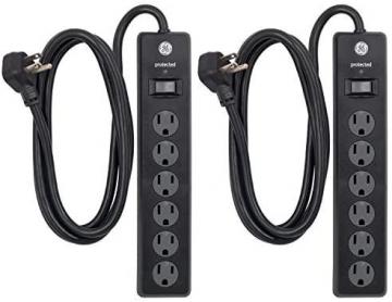 GE 6-Outlet Surge Protector, 2 Pack, 6 Ft Extension Cord, Power Strip, 800 Joules, Flat Plug