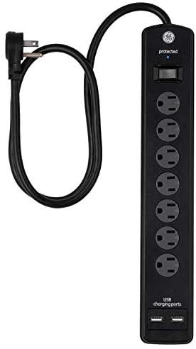 GE Pro 7-Outlet Surge Protector, 2 USB Ports, 3 Ft Power Cord, Flat Plug