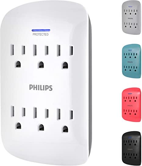 Philips 6-Outlet Extender Surge Protector, Wall Tap, 900 Joules, Space Saving Design