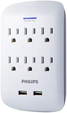 Philips 6-Outlet Extender 2-USB Surge Protector, Wall Adapter, 900J, Charging Station